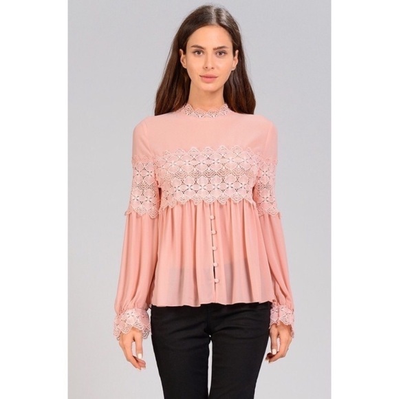 Blush 💗 Long Sleeve Crochet Trim Blouse - Picture 1 of 4